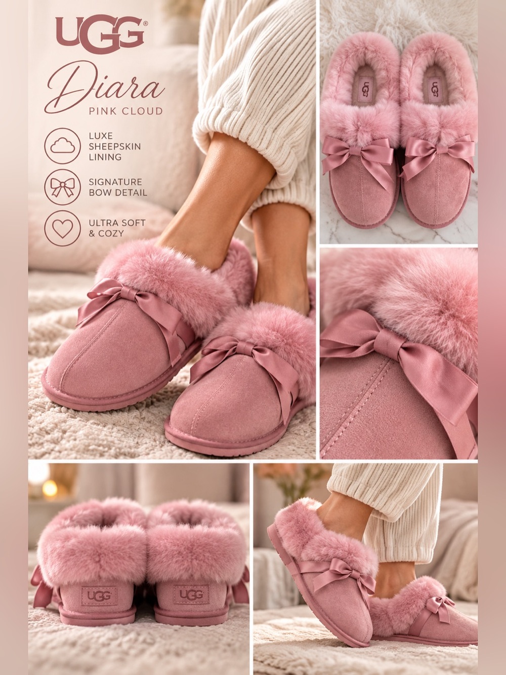 UGG Diara Pink Cloud Suede Sheepskin Bow Slippers Women’s 5 NWOB